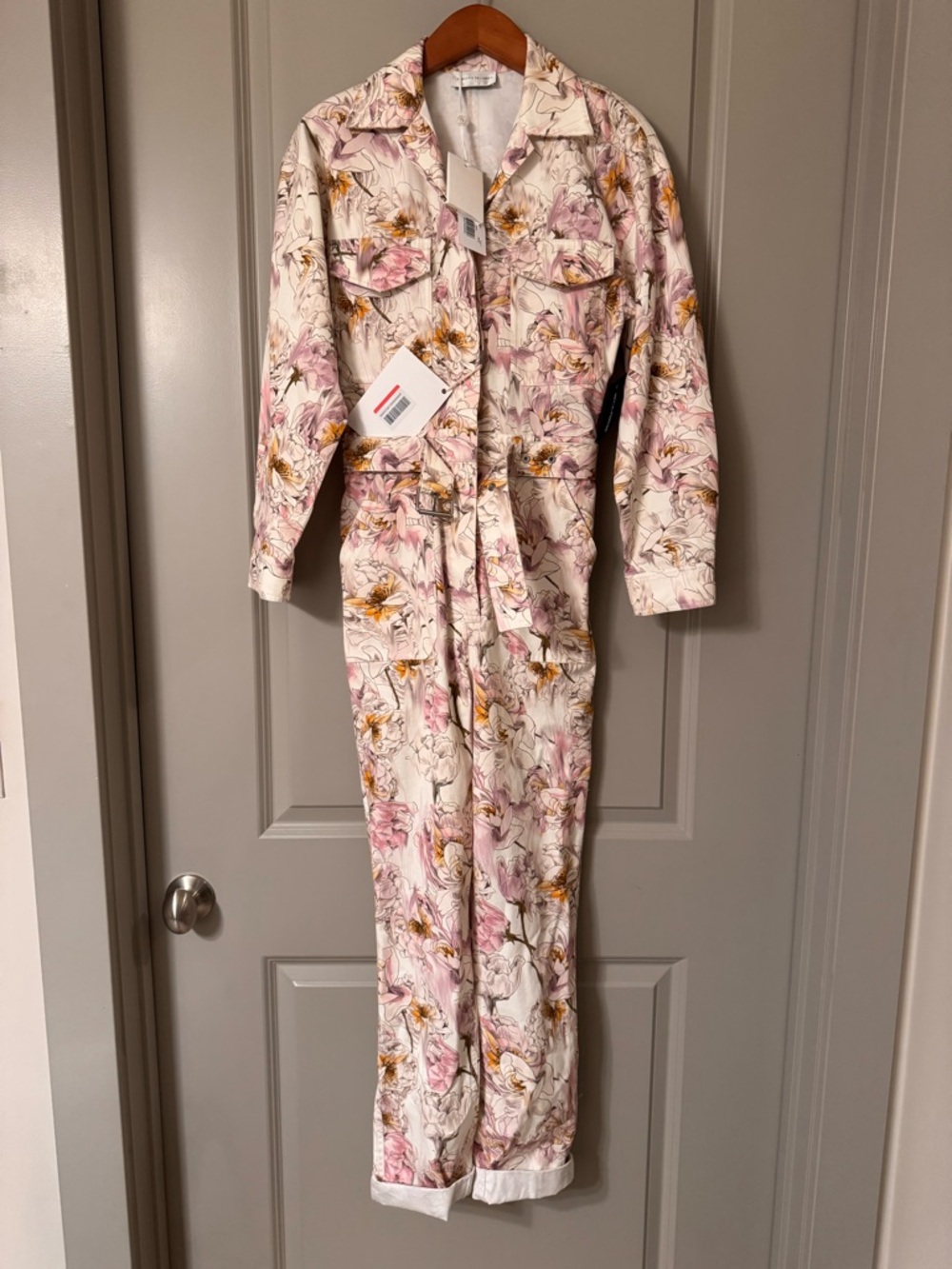 Rebecca Vallance Floral-Trim Utility Jumpsuit in Blush Size XS - Picture 2 of 13